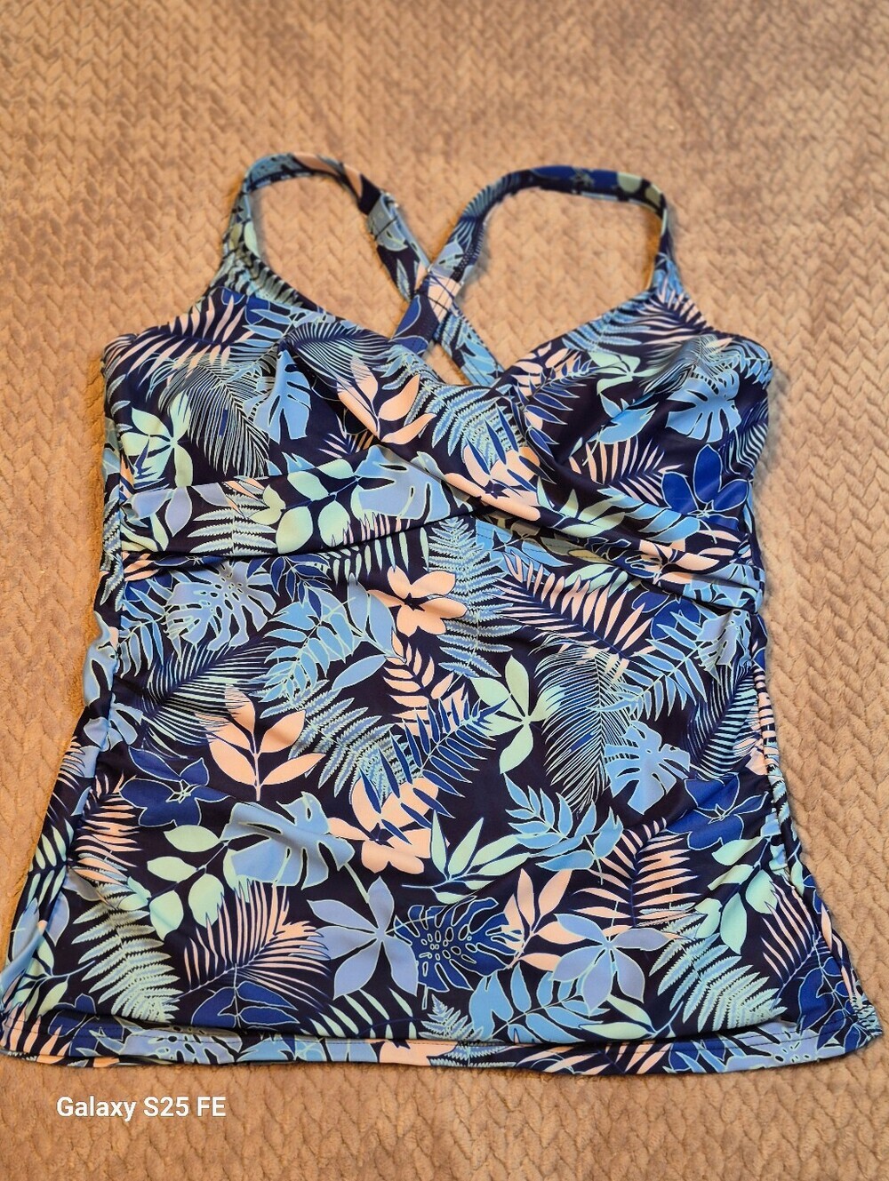 Tempt Me Blue & White Crisscross Tankini Top, Size Medium, Like New